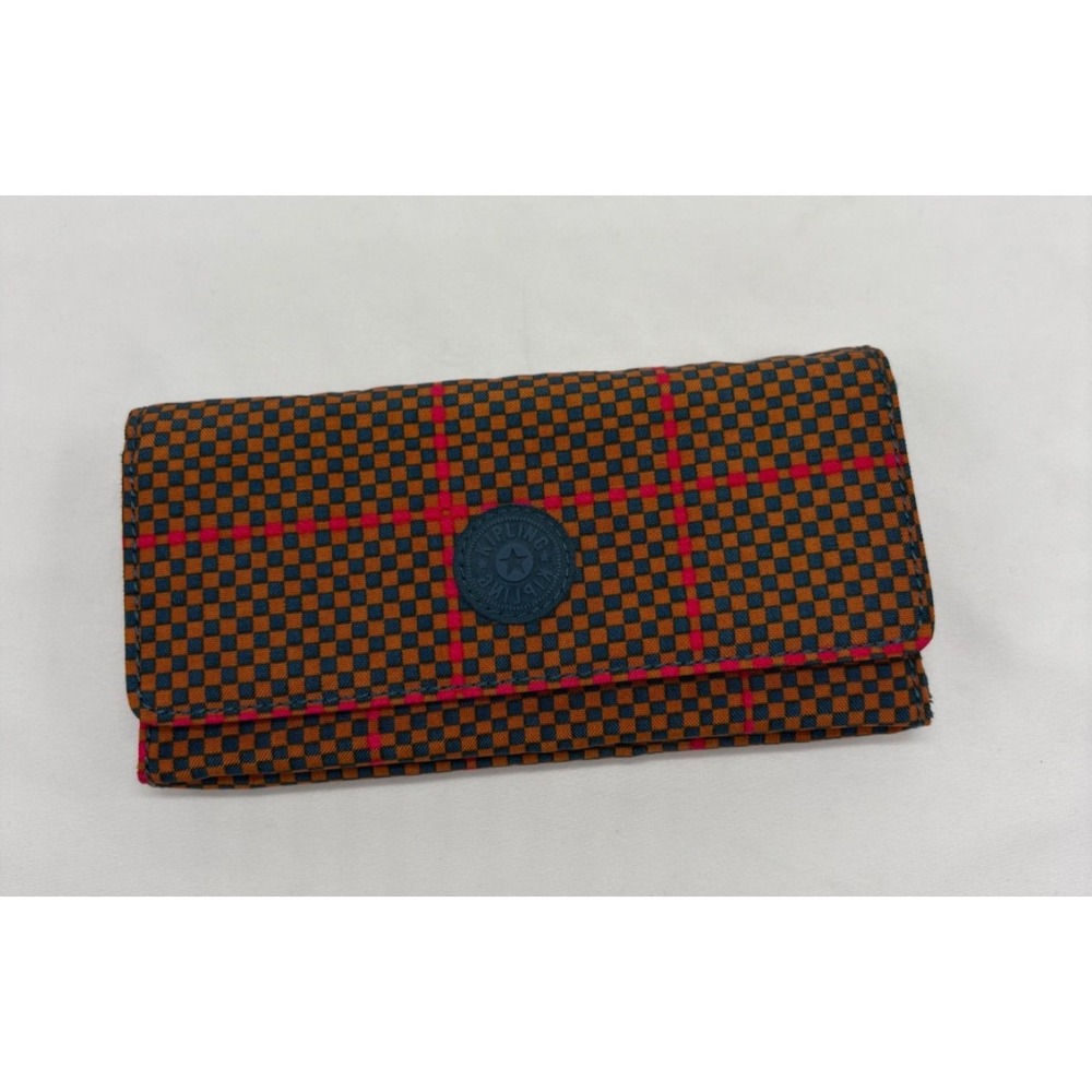 Kipling Brownie Organizer Wallet Trifold 7.5" x 4" Brown Blue‎ Checkerboard
